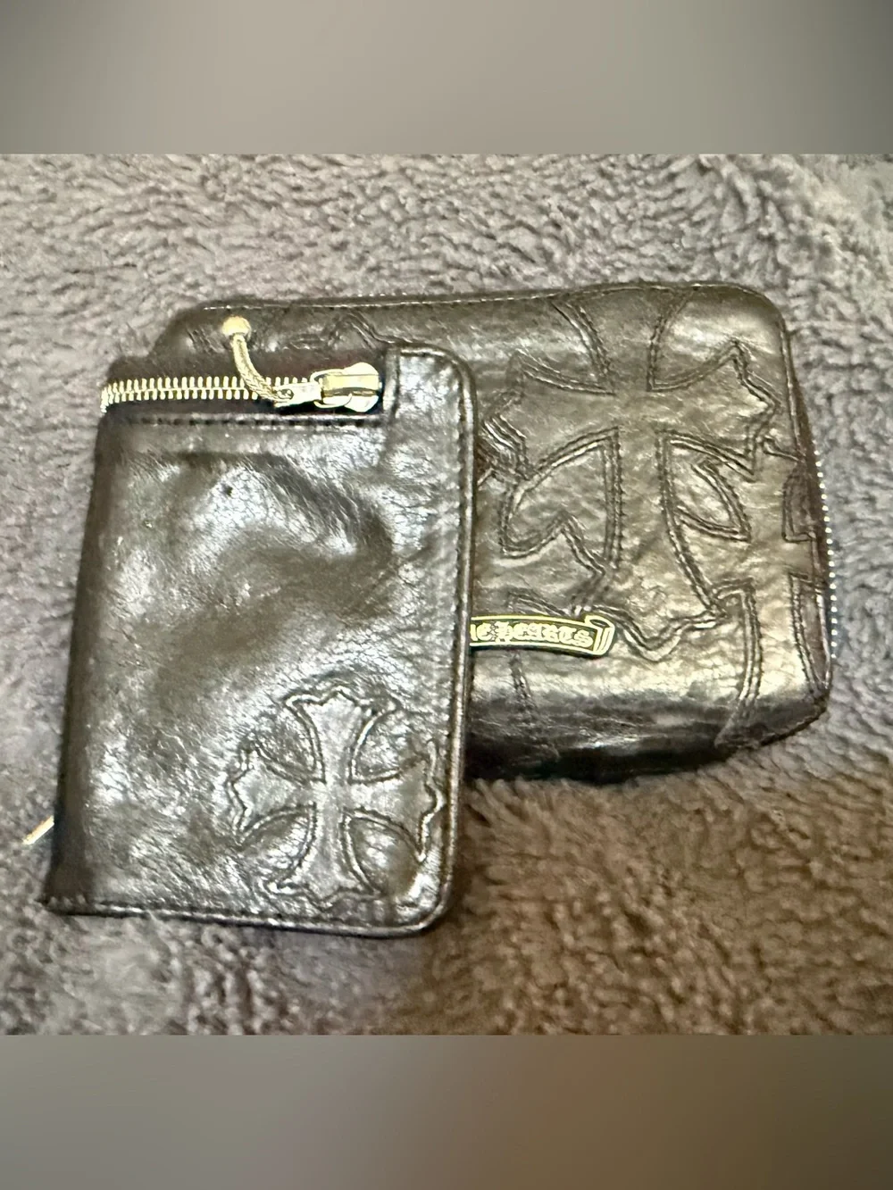 Chrome Hearts Black Leather Cross Embossed Zip Wallet